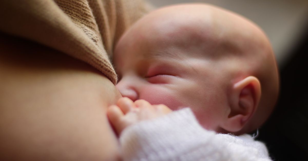 A newborn baby peacefully breastfeeding, capturing an intimate moment of mother-child bonding.