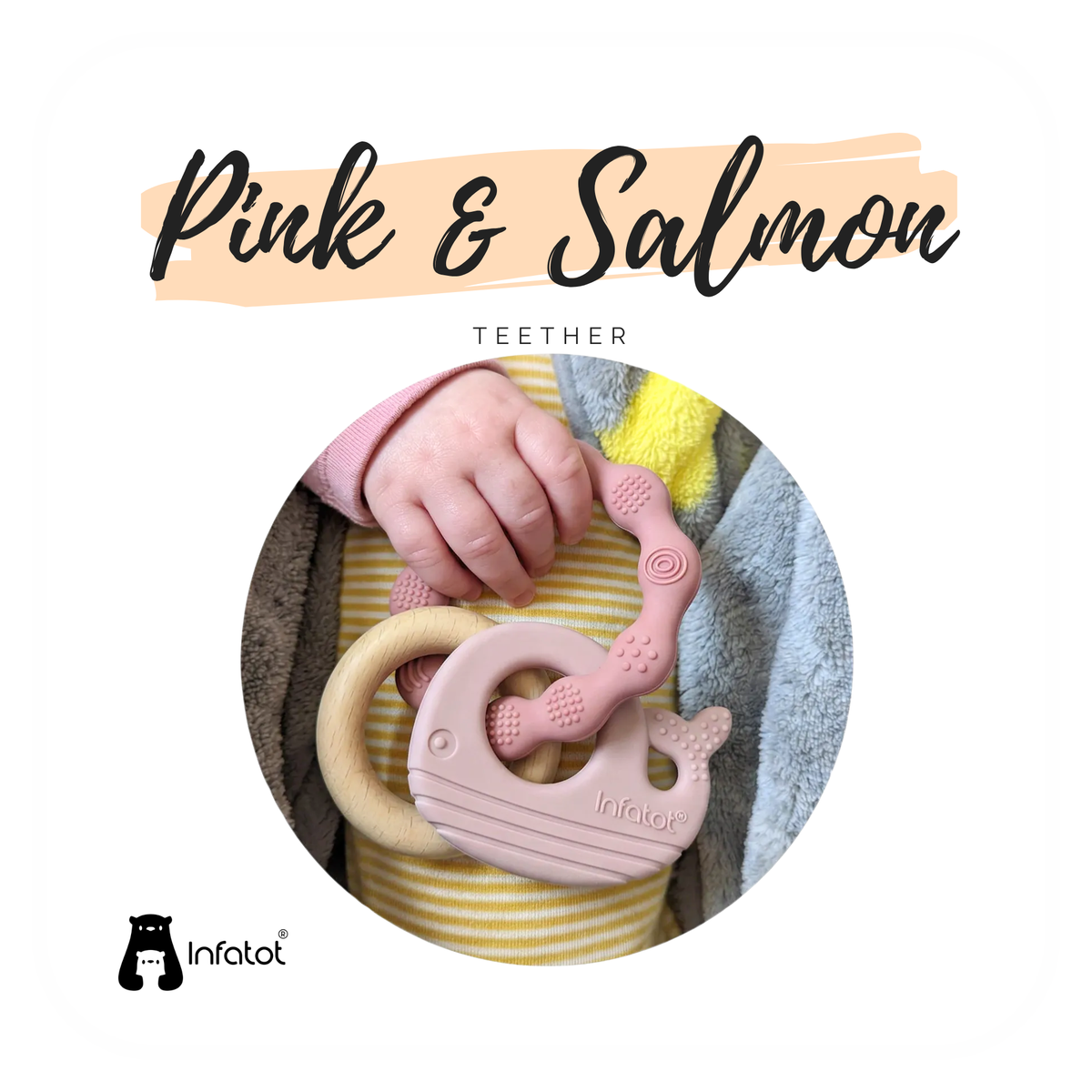 Baby holding the Pink and Salmon MultiTexture Sea Teether