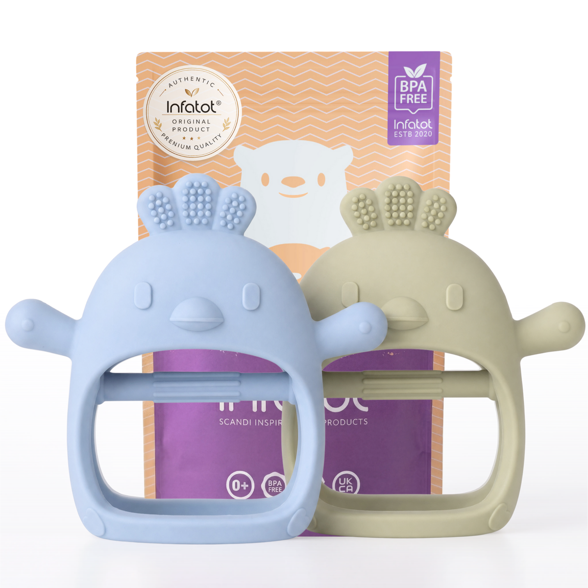 Infatot Chicken Teething Mitten double pack in Blue & Green, shown with the Infatot gift packaging pouch