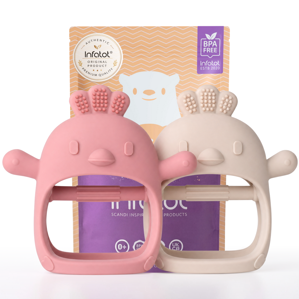 Infatot Chicken Teething Mitten double pack in Plum & Cream, shown with the Infatot gift packaging pouch