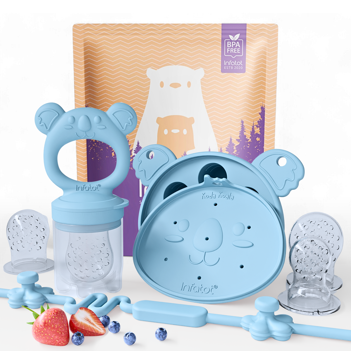 Baby Blue fruit feeder and bear-shaped freezer tray with silicone pouches and Infatot packaging