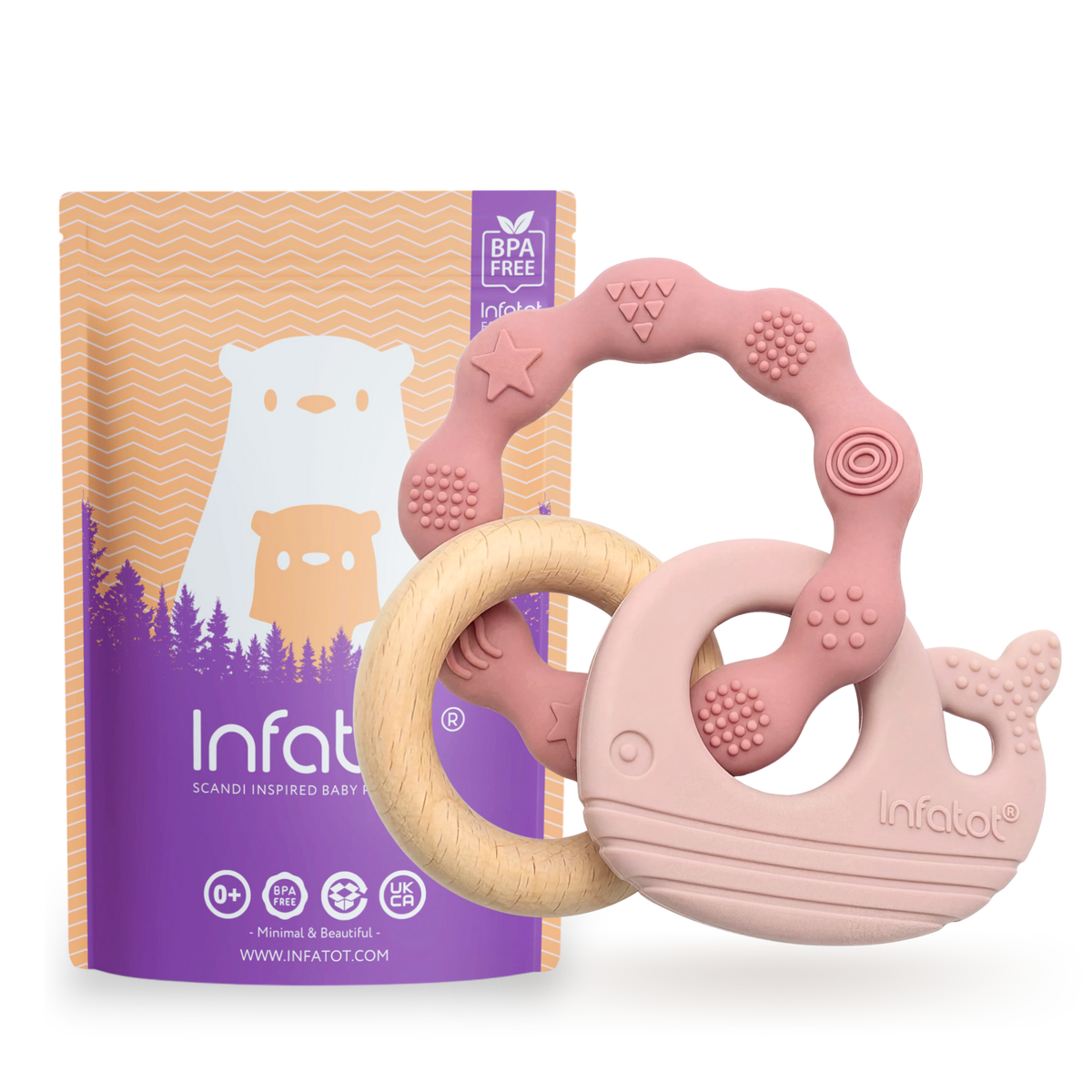 Pink and Salmon MultiTexture Sea Teether with Infatot packaging