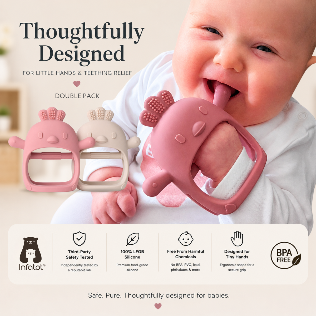 Infographic: Infatot Chicken Teething Mitten Plum & Cream double pack - third-party safety tested, 100% LFGB food-grade silicone, free from BPA, PVC, lead and phthalates, designed for tiny hands