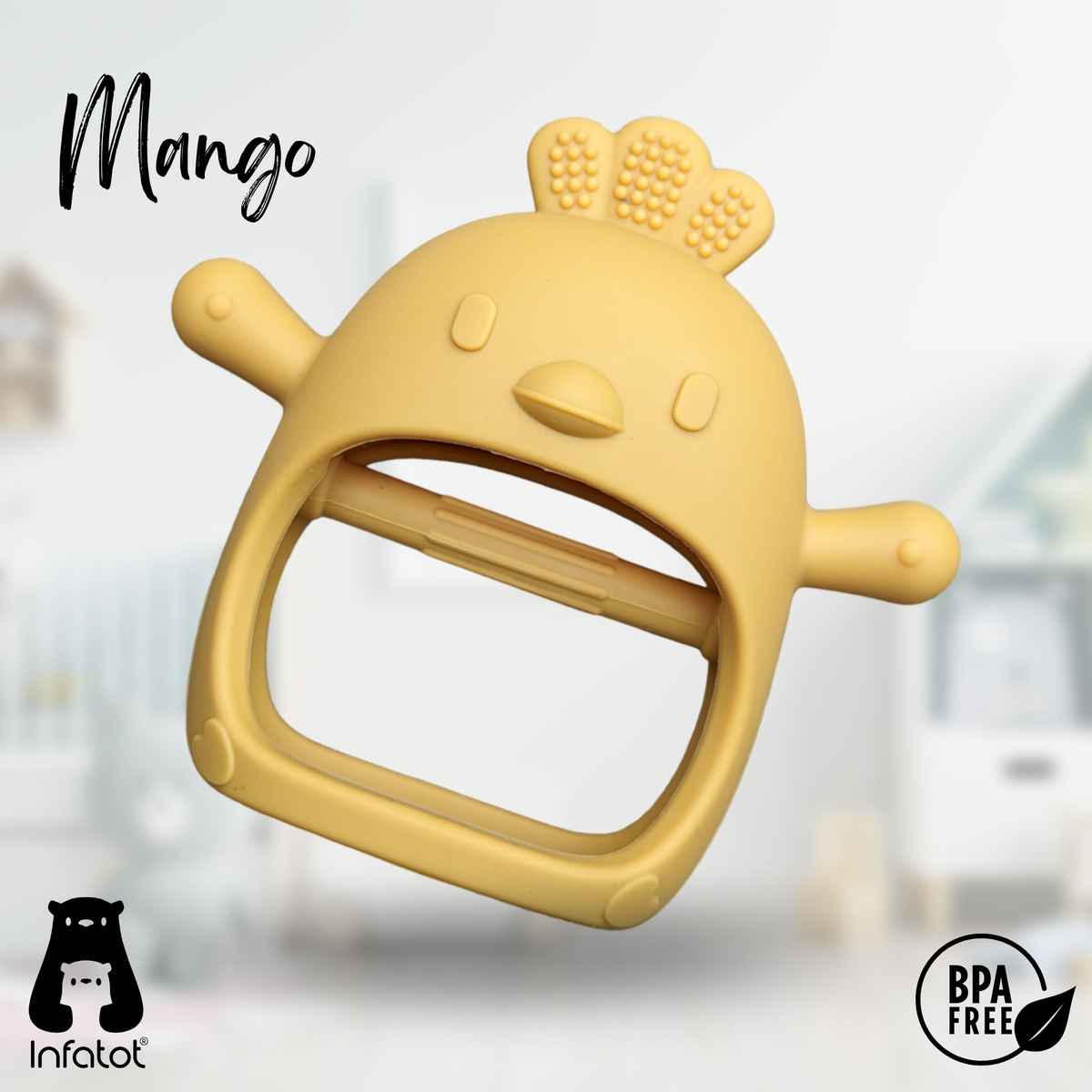Infatot Chicken Teething Mitten in Yellow (Mango) silicone, single mitten, BPA free