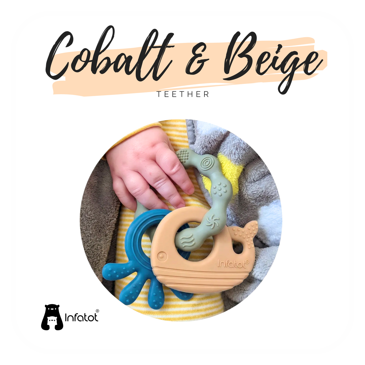 Baby holding the Cobalt and Beige MultiTexture Sea Teether