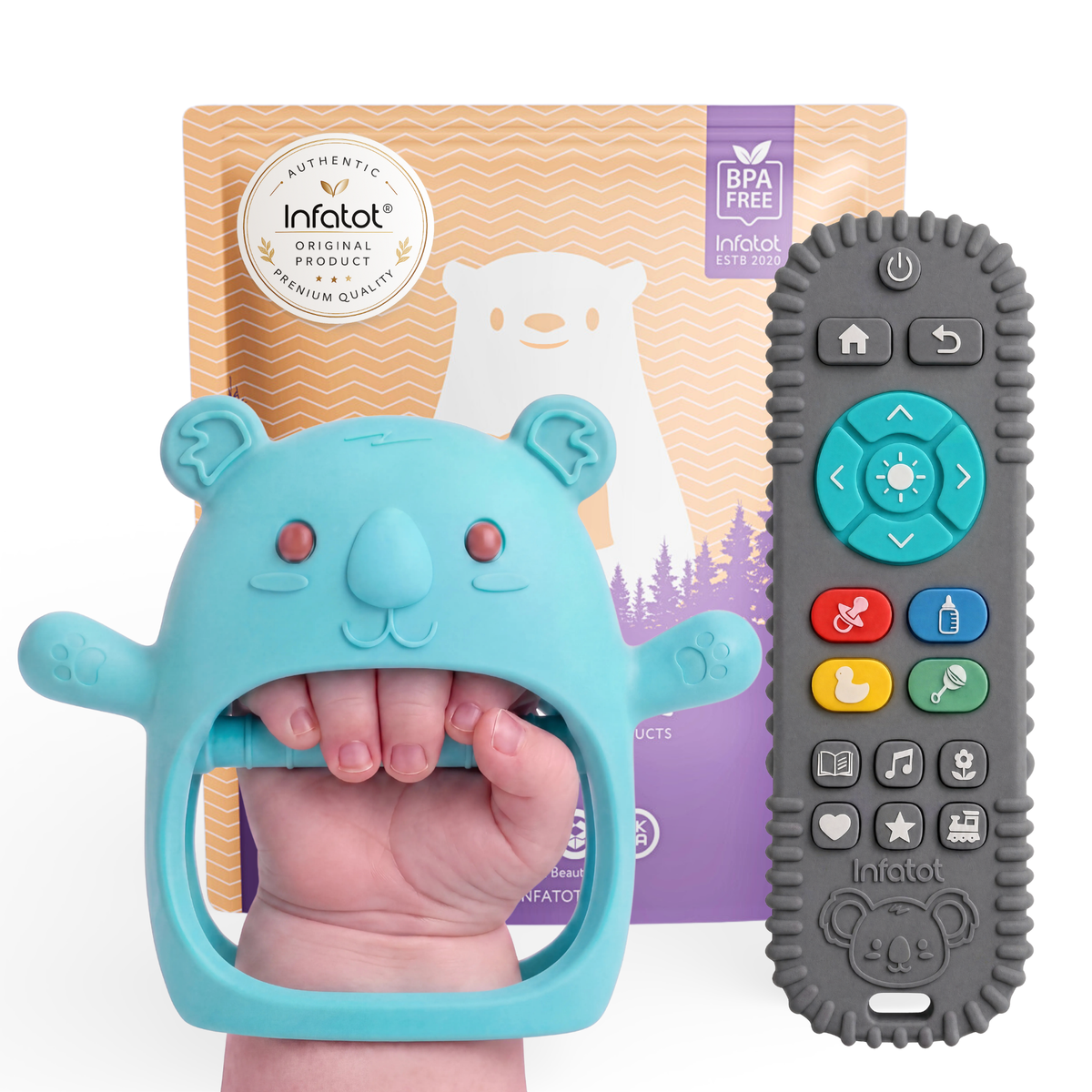 Teal Koda Koala teething mitten and matching remote-shaped teether with Infatot packaging