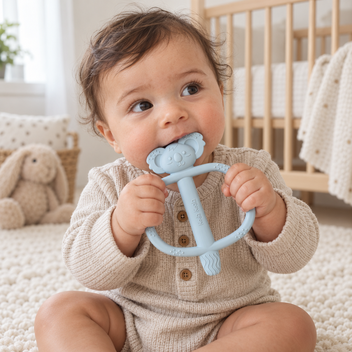 Baby holding and chewing a blue Koda Koala Bitey teether