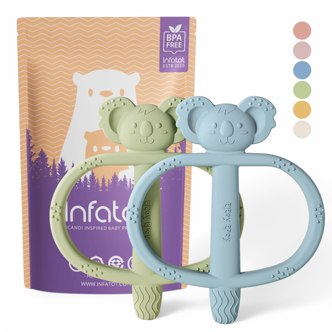 Blue and Green Koda Koala Bitey teether pair with Infatot packaging