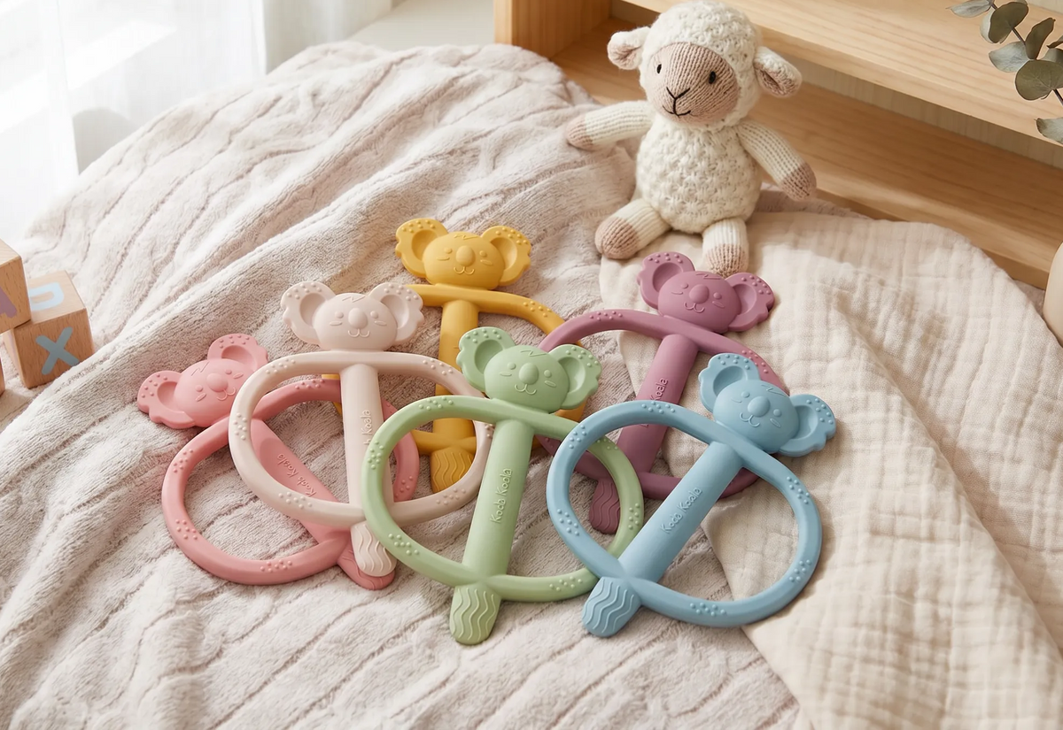Koda Koala Bitey teethers in six colours arranged on a blanket beside a teddy bear