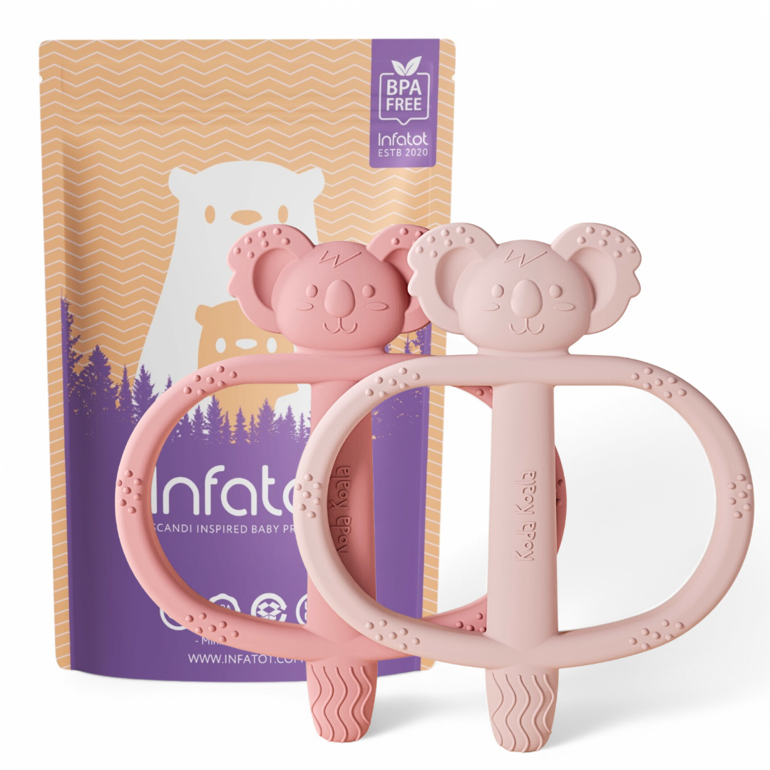 Plum and Pink Koda Koala Bitey teether pair with Infatot packaging