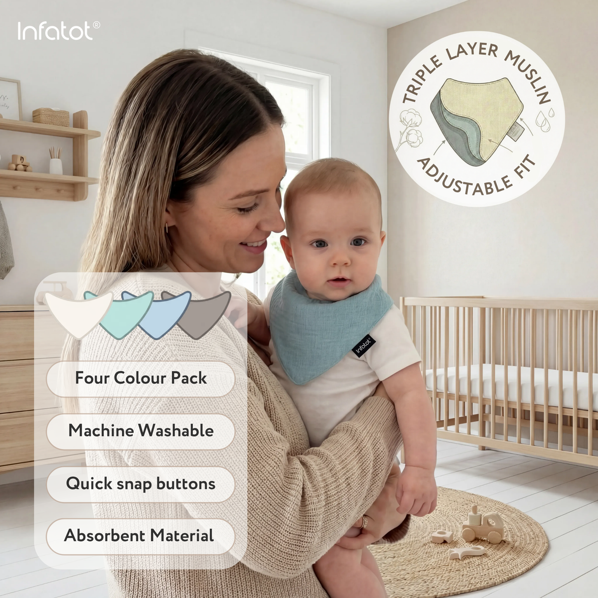 Parent holding a baby wearing a blue muslin bib, with adjustable snap fasteners and fabric details highlighted
