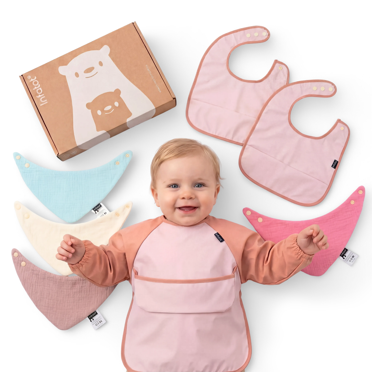 Blush seven-piece bib set with coverall, muslin bibs, feeding bibs and Infatot gift box