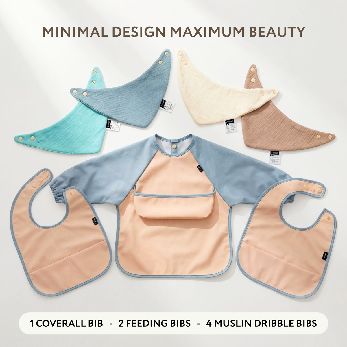 Baby Blue seven-piece bib set arranged to show the coverall, two feeding bibs and four muslin bibs