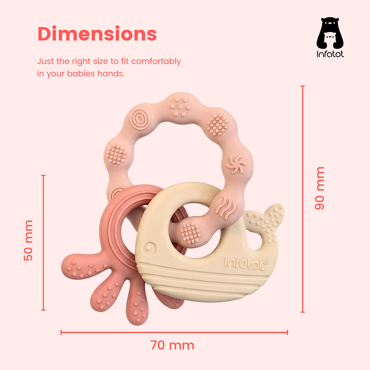 MultiTexture Sea Teether dimension diagram showing a 70 mm width, 90 mm height and 50 mm whale section