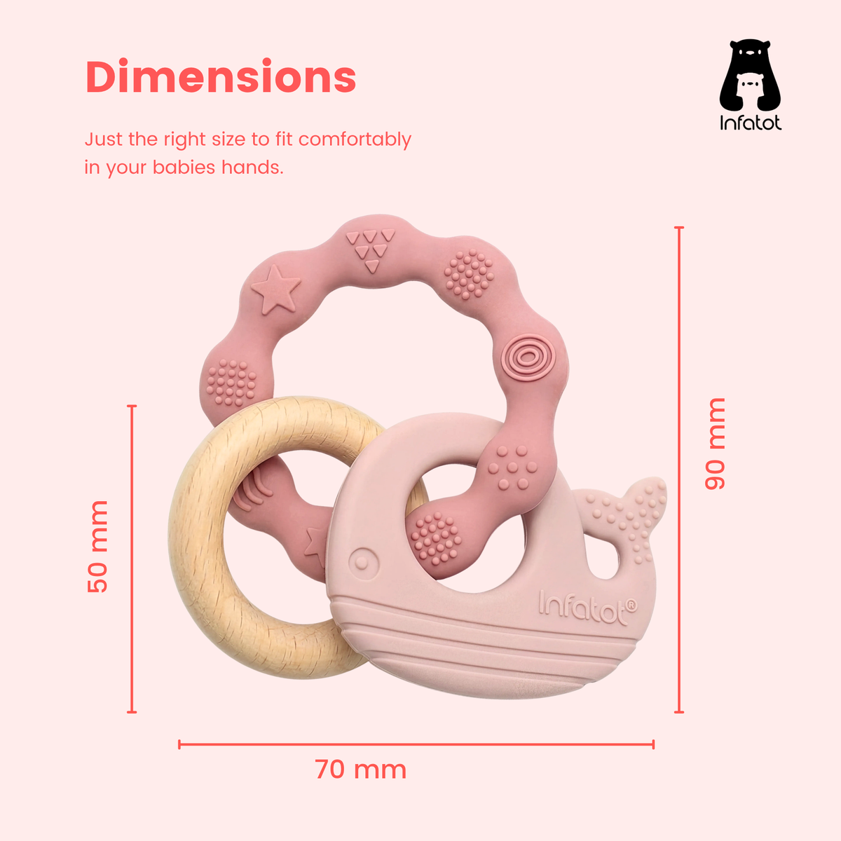 Pink MultiTexture Sea Teether with measurements for its width, height and whale-shaped section
