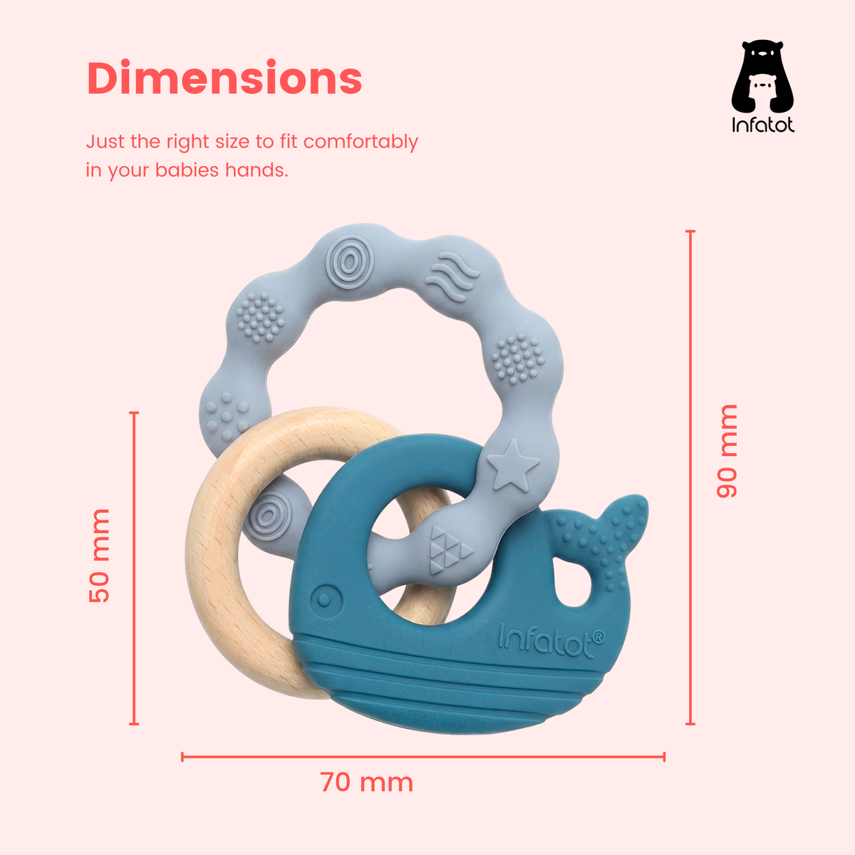 Blue MultiTexture Sea Teether with measurements for its width, height and whale-shaped section