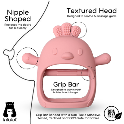 Infographic: Infatot Chicken Teething Mitten in Plum - nipple-shaped tip, textured head to soothe gums, and grip bar bonded with non-toxic adhesive, BPA free