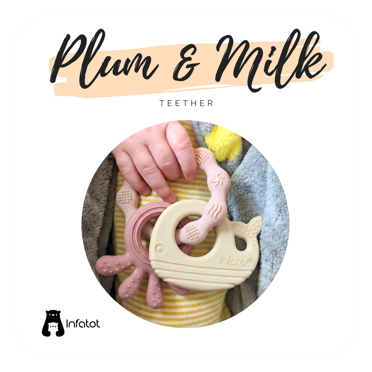 Baby holding the Plum and Milk MultiTexture Sea Teether