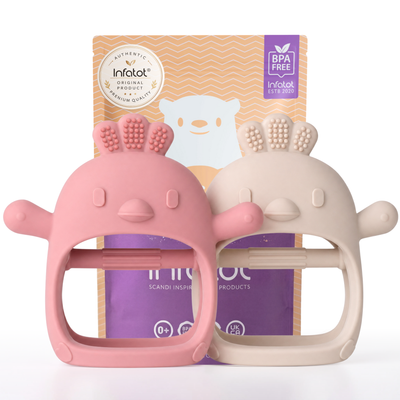 Infatot Chicken Teething Mitten double pack in Plum & Cream, shown with the Infatot gift packaging pouch