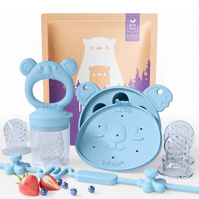 Baby Blue fruit feeder and bear-shaped freezer tray with silicone pouches and Infatot packaging