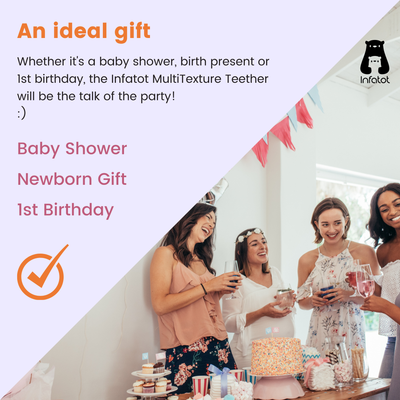 Infatot MultiTexture Sea Teether gift graphic beside a baby-shower scene