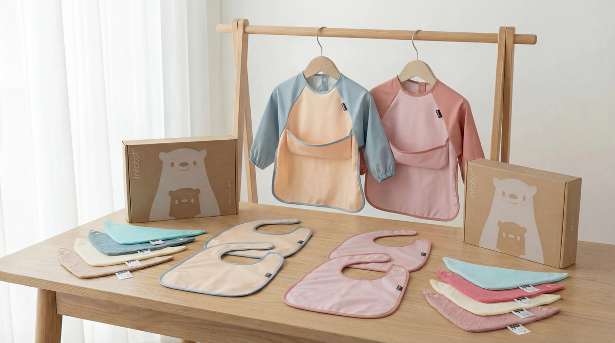 Blue and pink Infatot bib sets displayed with muslin bibs, feeding bibs, coveralls and gift boxes
