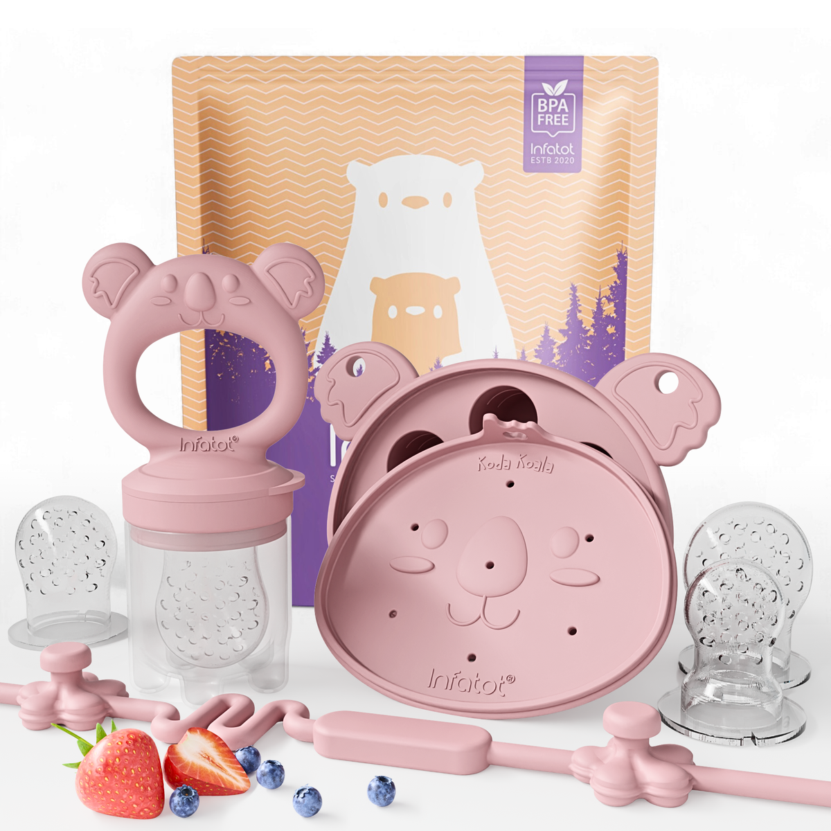 Plum fruit feeder and bear-shaped freezer tray with silicone pouches and Infatot packaging
