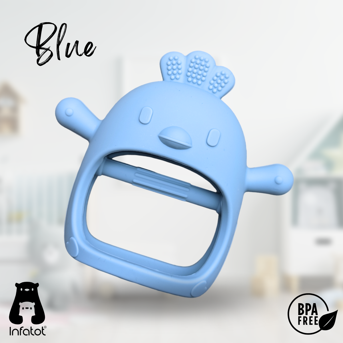 Infatot Chicken Teething Mitten in Blue silicone, single mitten, BPA free