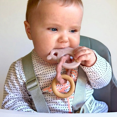 Baby in a highchair chewing the whale-shaped part of a pink MultiTexture Sea Teether