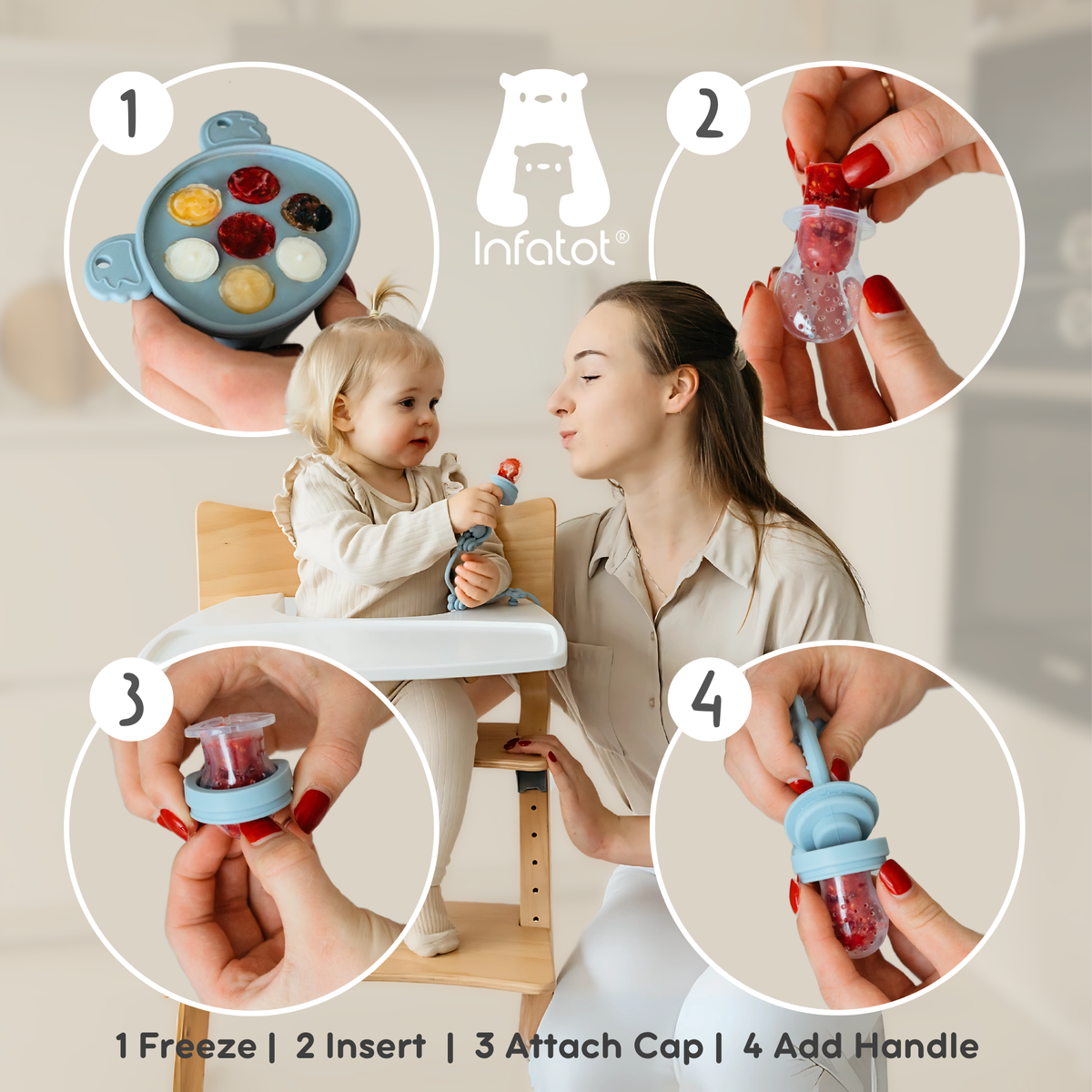 Four-step fruit-feeder diagram showing frozen portions, filling the pouch and attaching the cap and handle