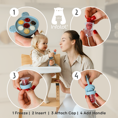 Four-step fruit-feeder diagram showing frozen portions, filling the pouch and attaching the cap and handle