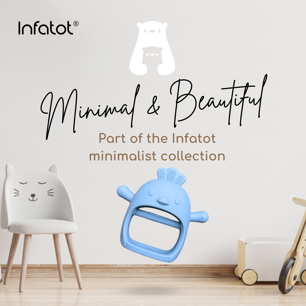 Infatot Chicken Teething Mitten in Blue in a minimalist nursery - part of the Infatot minimalist collection