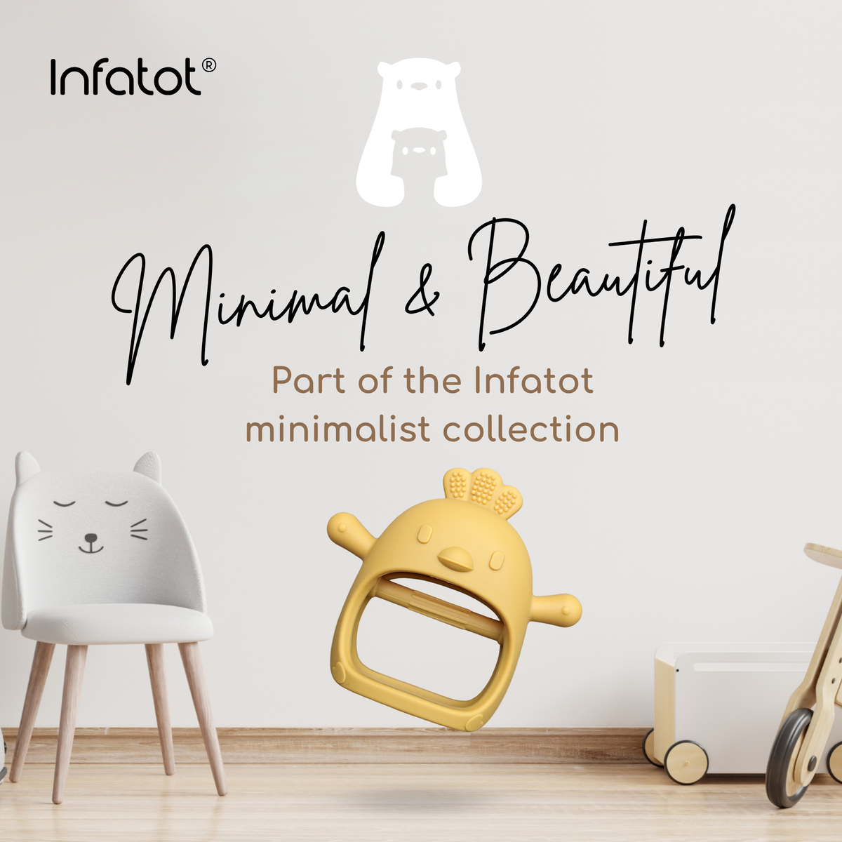 Infatot Chicken Teething Mitten in Yellow in a minimalist nursery - part of the Infatot minimalist collection