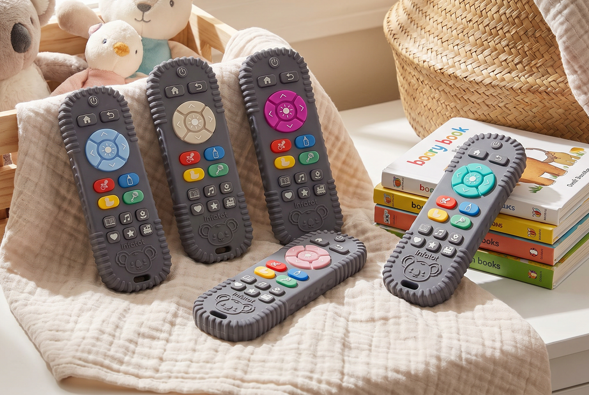 Infatot remote-shaped teethers in five colour combinations arranged beside children's books