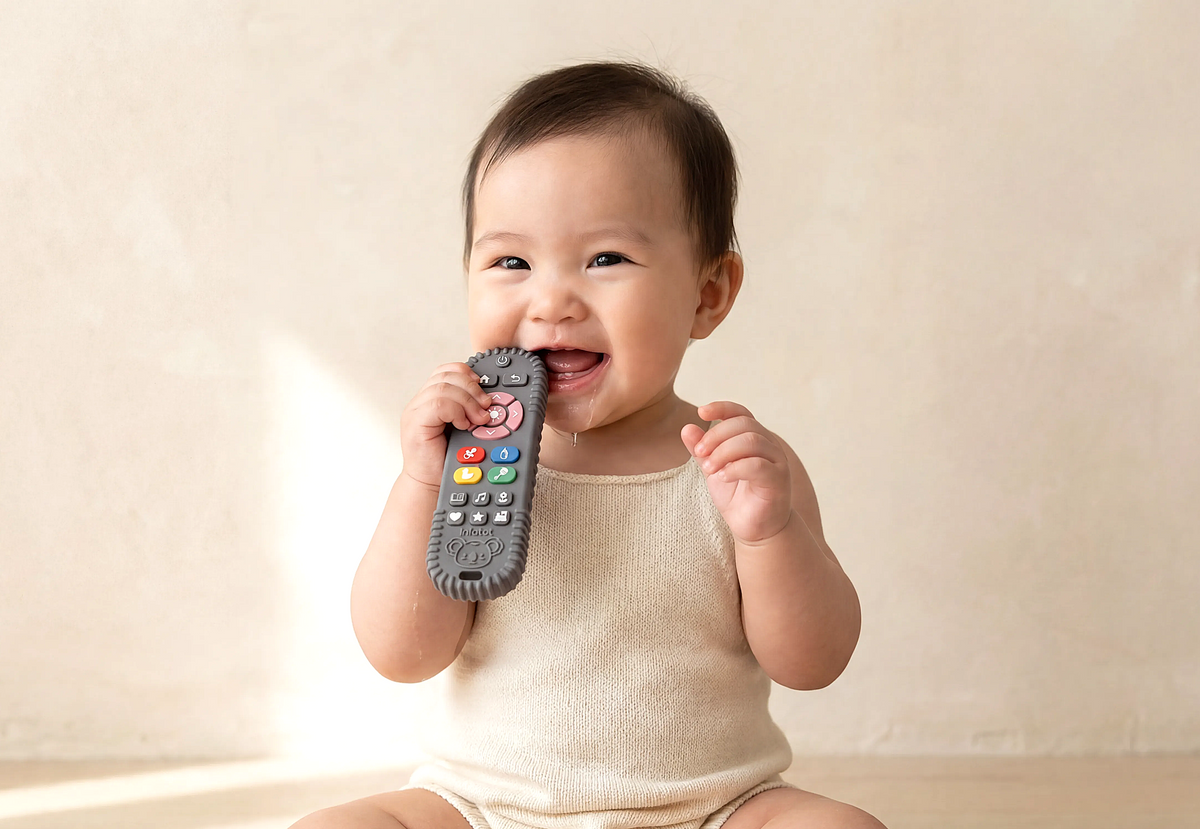 Seated baby holding an Infatot remote-shaped teether