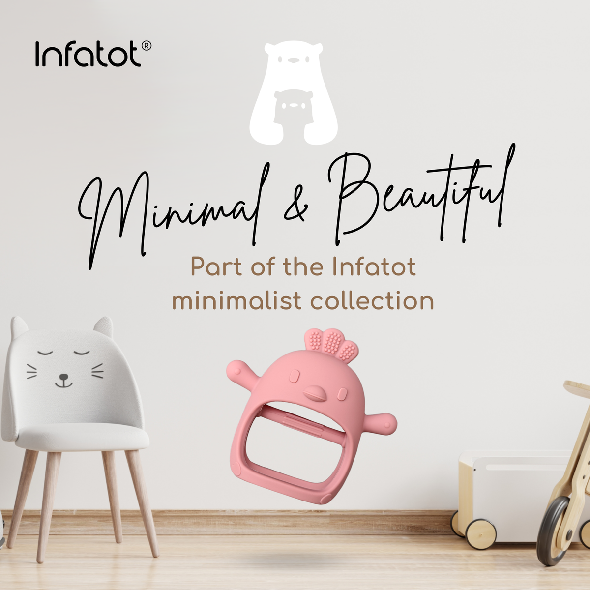 Infatot Chicken Teething Mitten in Plum in a minimalist nursery - part of the Infatot minimalist collection