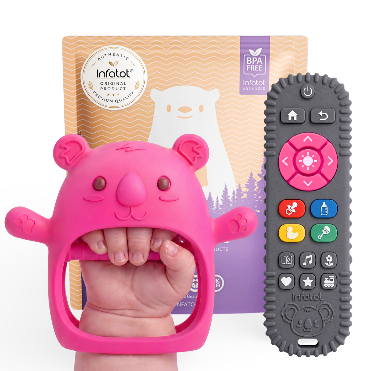 Pink Koda Koala teething mitten and matching remote-shaped teether with Infatot packaging