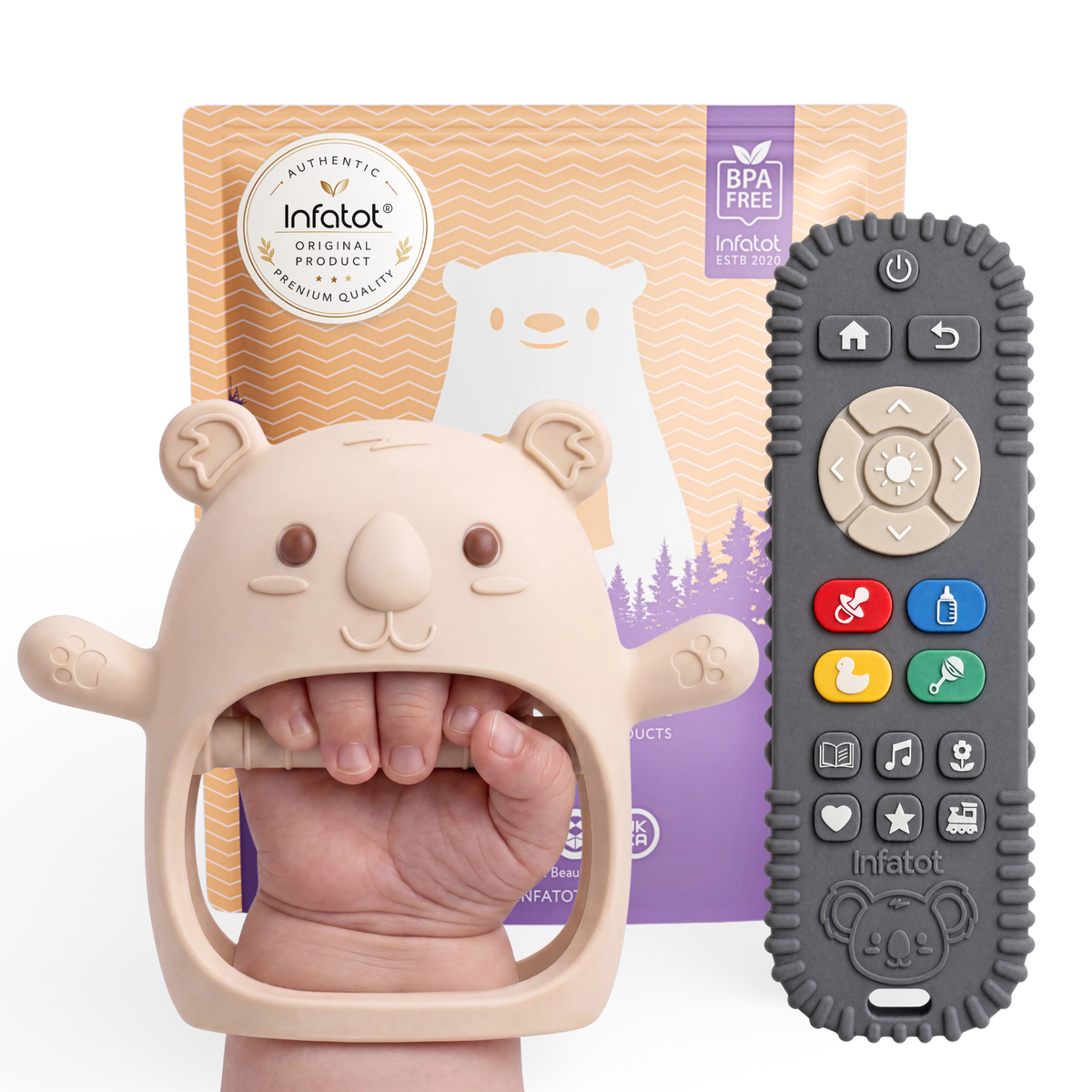 Cream Koda Koala teething mitten and matching remote-shaped teether with Infatot packaging