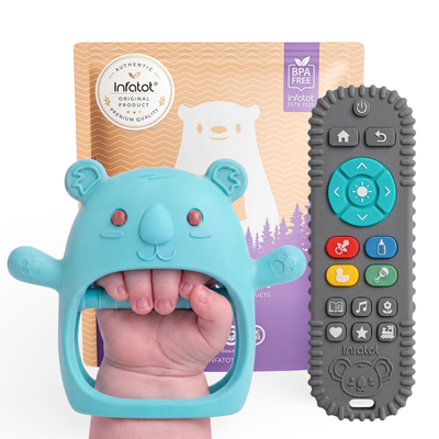 Teal Koda Koala teething mitten and matching remote-shaped teether with Infatot packaging