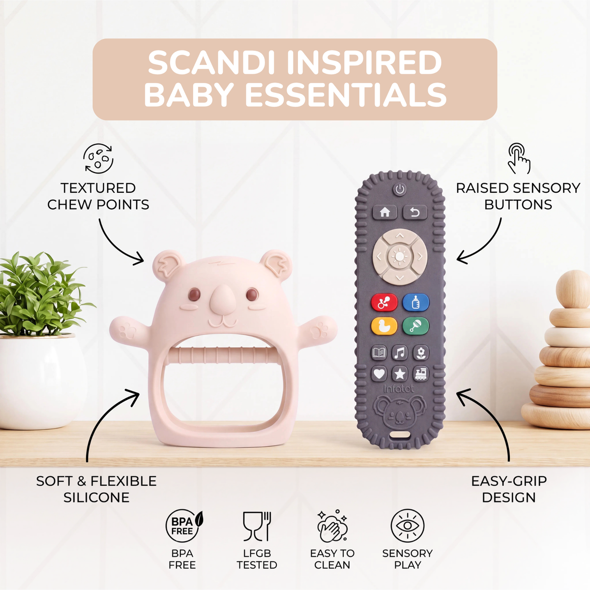 Koda Koala pair diagram highlighting the mitten's textured ears and the remote teether's raised buttons
