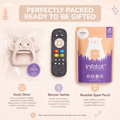 Koda Koala mitten, remote-shaped teether and reusable zip pouch shown as the set contents