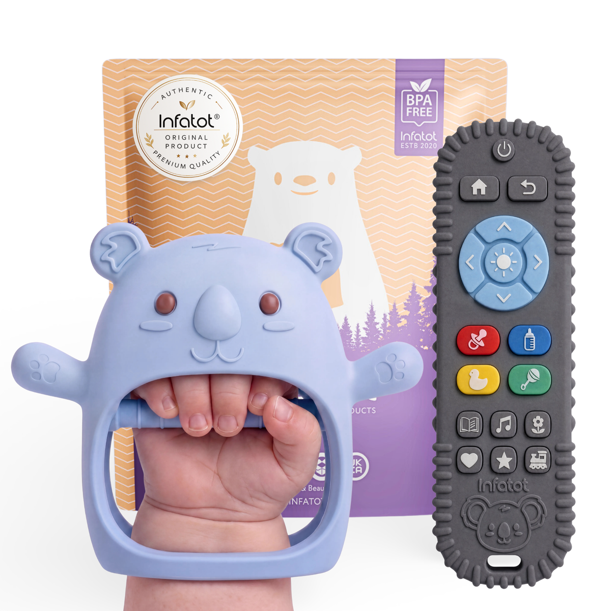 Blue Koda Koala teething mitten and matching remote-shaped teether with Infatot packaging