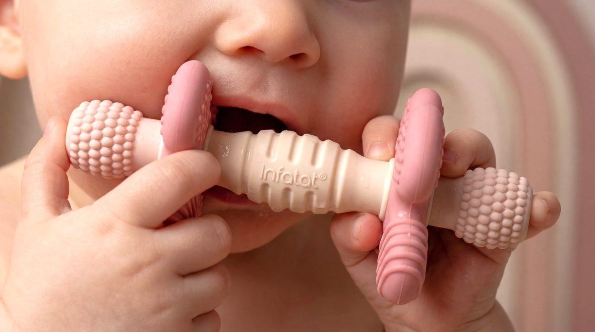 Close-up of a baby holding and chewing a pink and cream Barbell Buddy teether