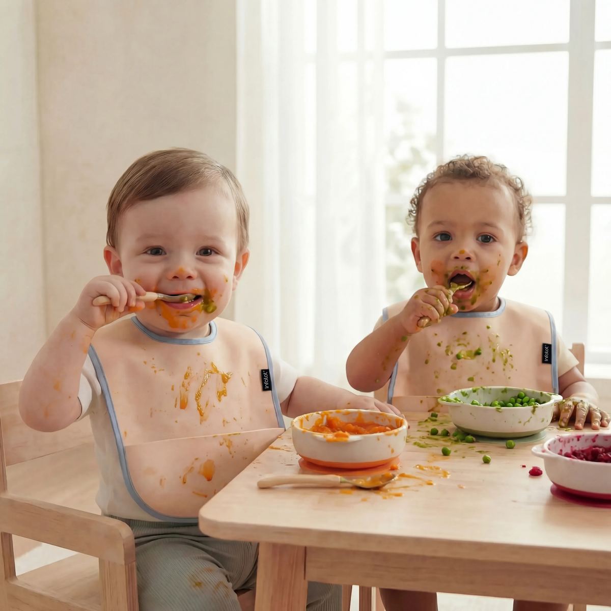 Two babies wearing Infatot feeding bibs while eating at a table