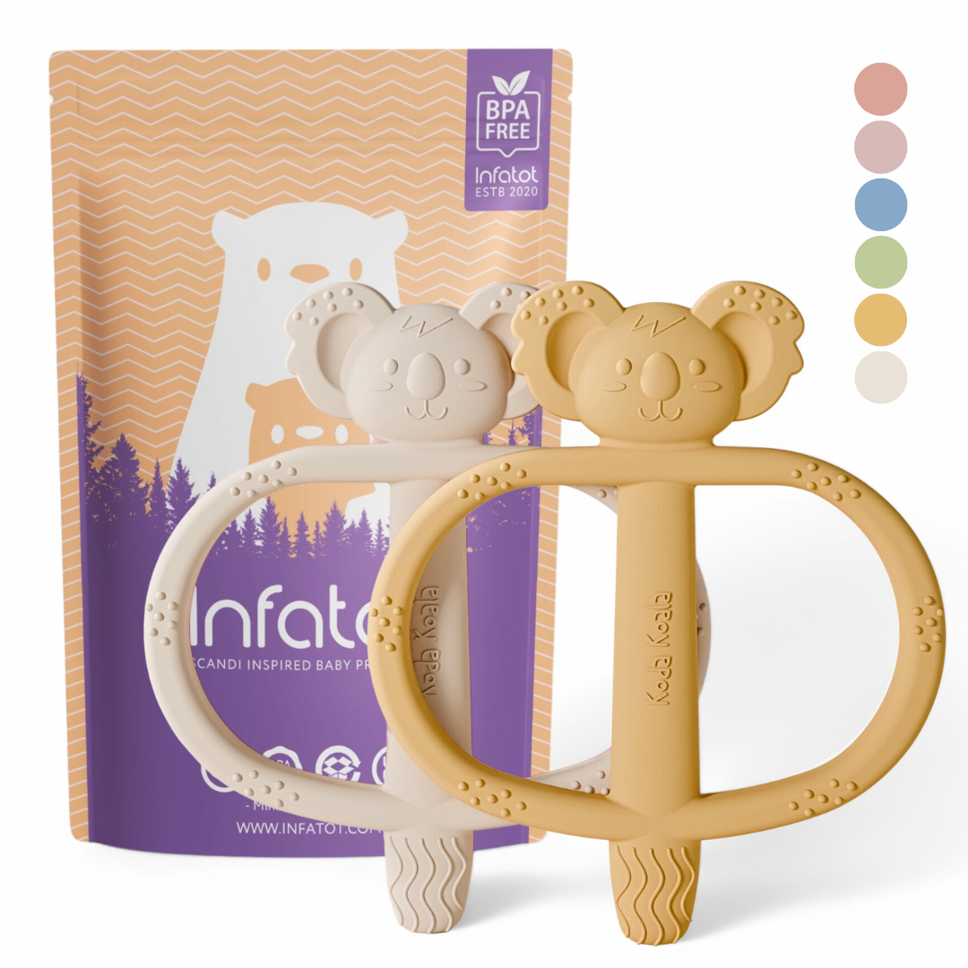 Yellow and Cream Koda Koala Bitey teether pair with Infatot packaging