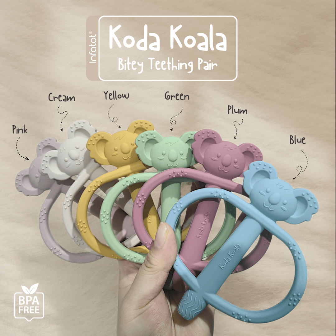 Infatot Koda Koala Bitey Pair packaging with BPA-free badge and colour options