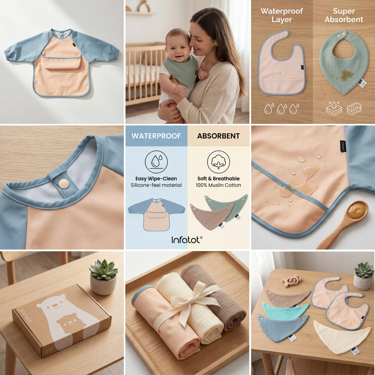 Baby Blue bib-set collage showing feeding bibs, muslin bibs, coverall, fastening details and gift box