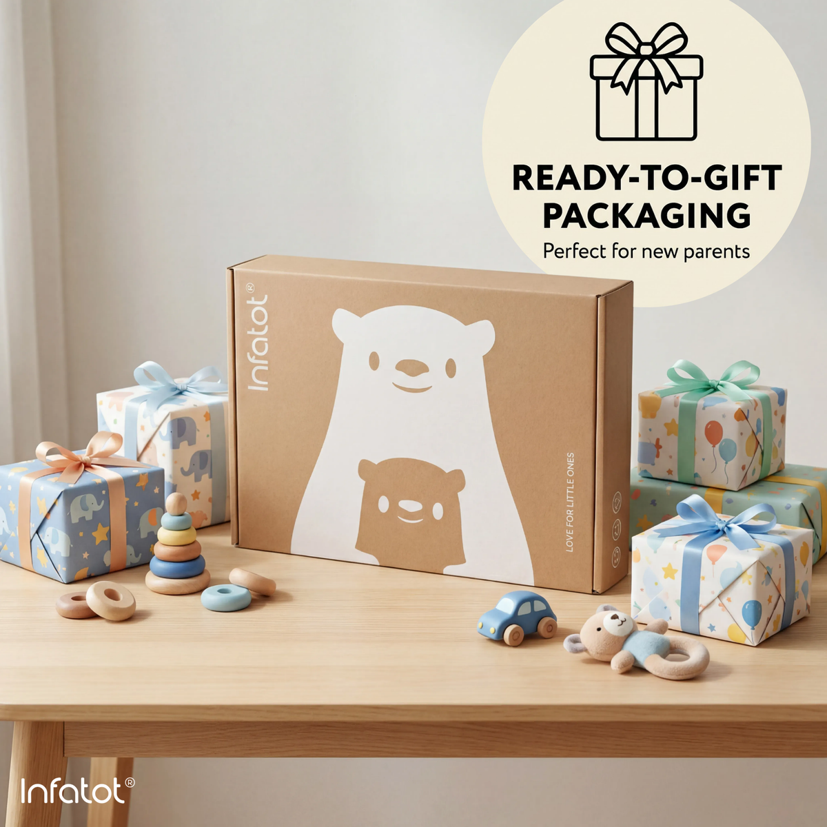 Infatot baby bib gift box displayed among wrapped presents
