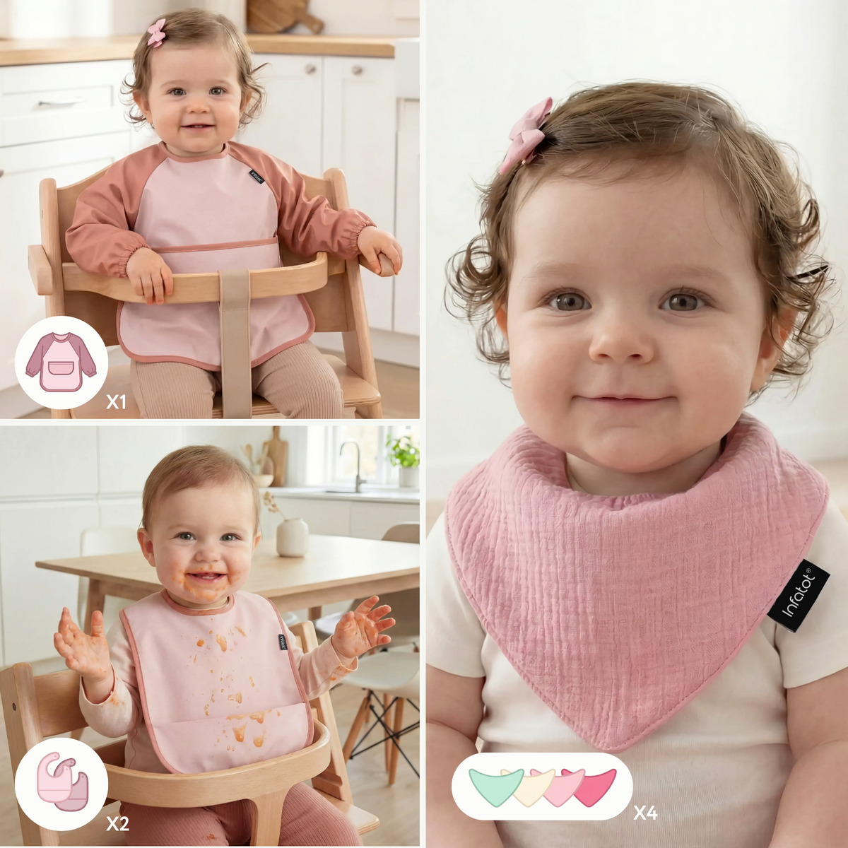 Babies wearing the Blush set's pink coverall, muslin dribble bib and feeding bib