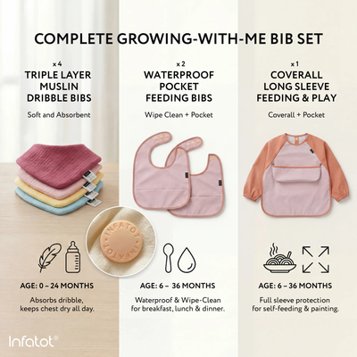 Blush bib-set contents: four muslin dribble bibs, two pocket feeding bibs and one long-sleeved coverall
